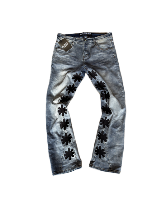 LOST SHDWS DENIM BLACK LOGO LIGHT WASH BLUE JEANS